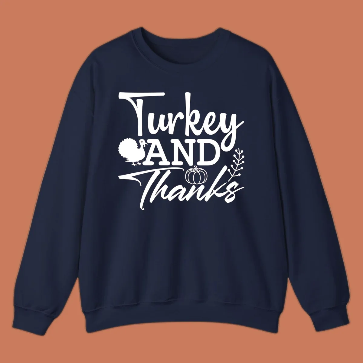 Thanksgiving turkey and thanks sentiment graphic with turkey, pumpkin, and leafy branch illustrations.