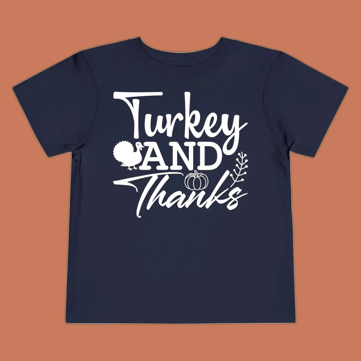 Thanksgiving turkey and thanks sentiment graphic with turkey, pumpkin, and leafy branch illustrations.