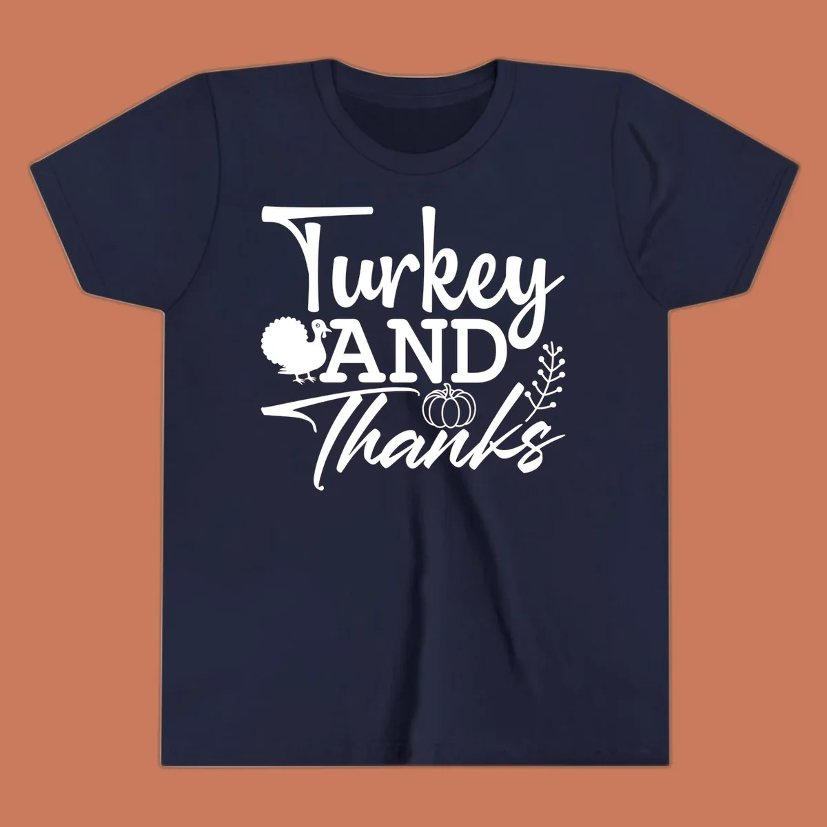 Thanksgiving turkey and thanks sentiment graphic with turkey, pumpkin, and leafy branch illustrations.