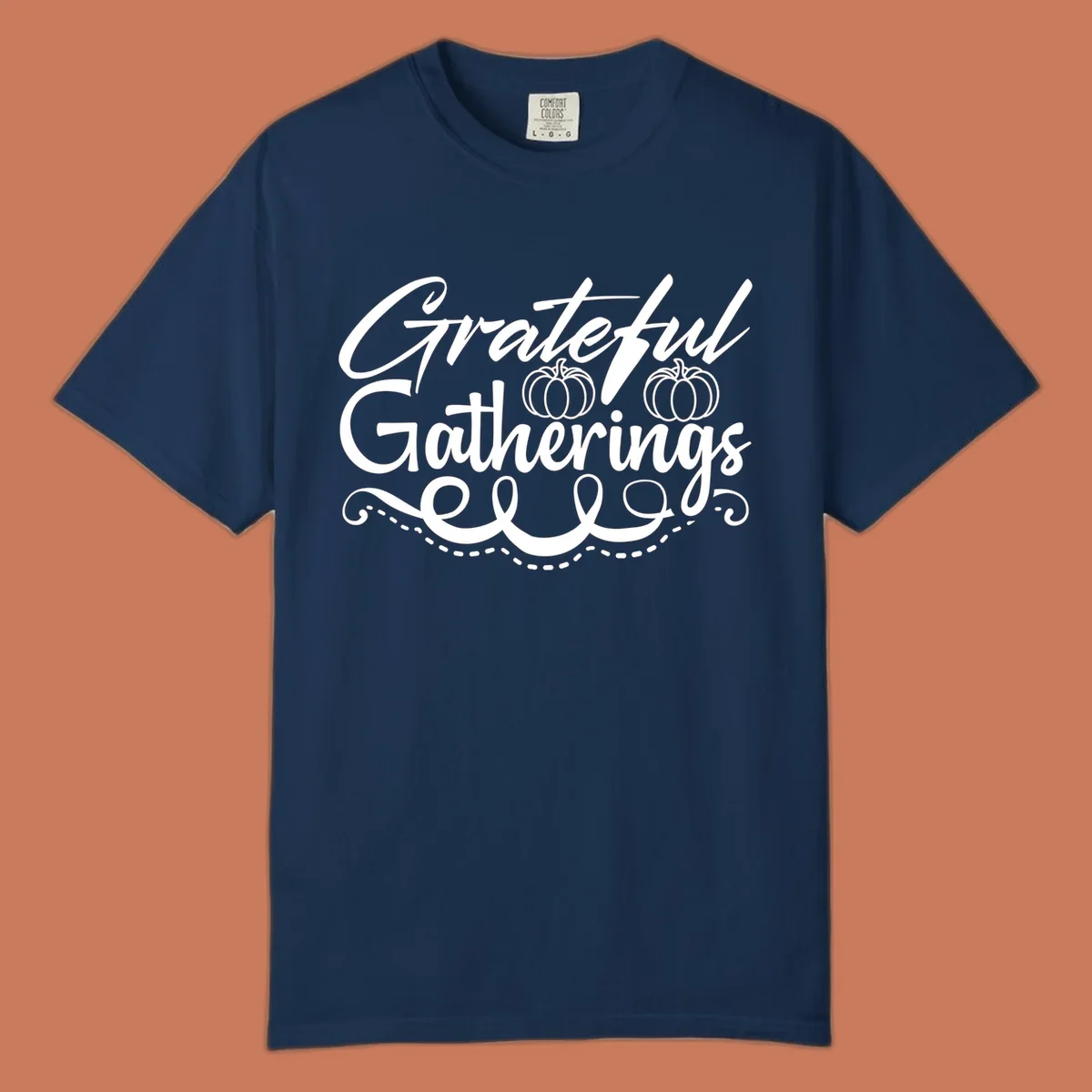 Grateful Gatherings text with pumpkins, fall graphic for t-shirts