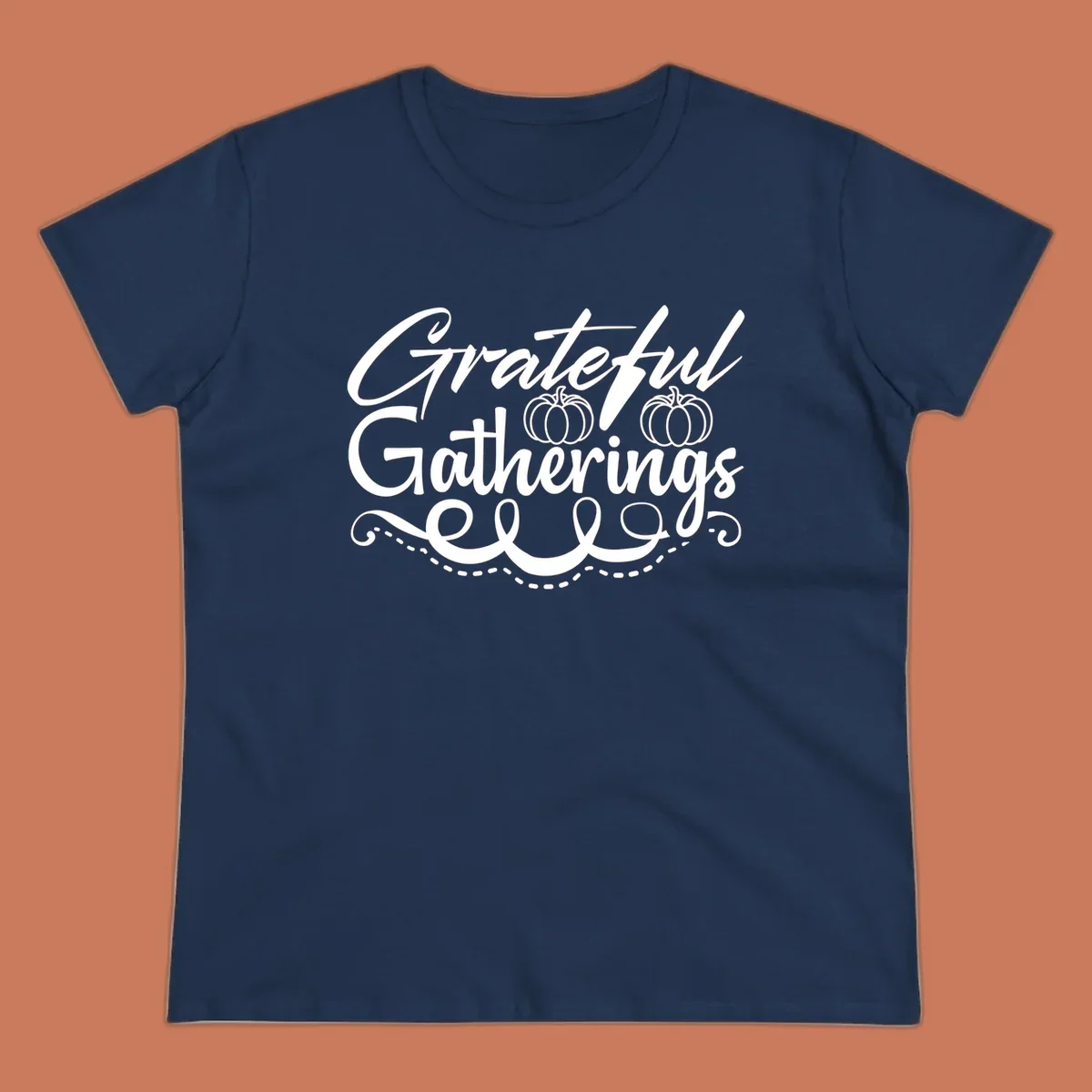 Grateful Gatherings text with pumpkins, fall graphic for t-shirts