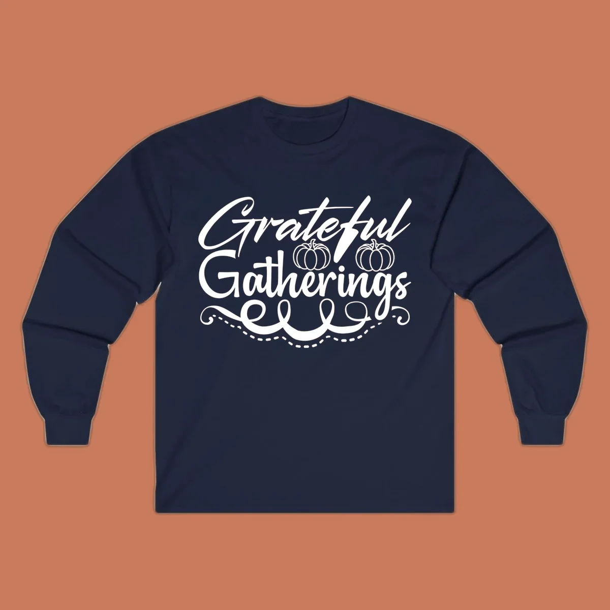 Grateful Gatherings text with pumpkins, fall graphic for t-shirts