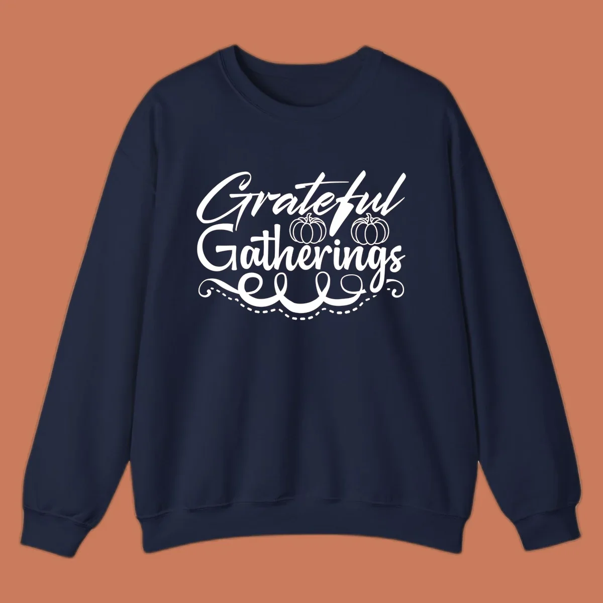 Grateful Gatherings text with pumpkins, fall graphic for t-shirts