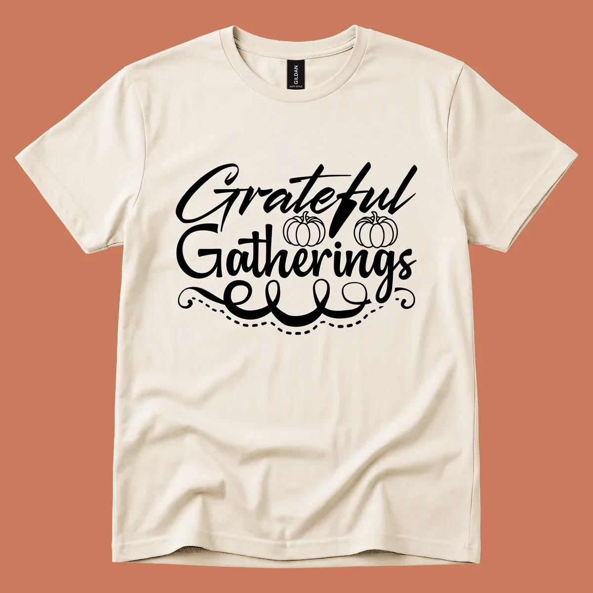 Grateful Gatherings text with pumpkins, fall graphic for t-shirts