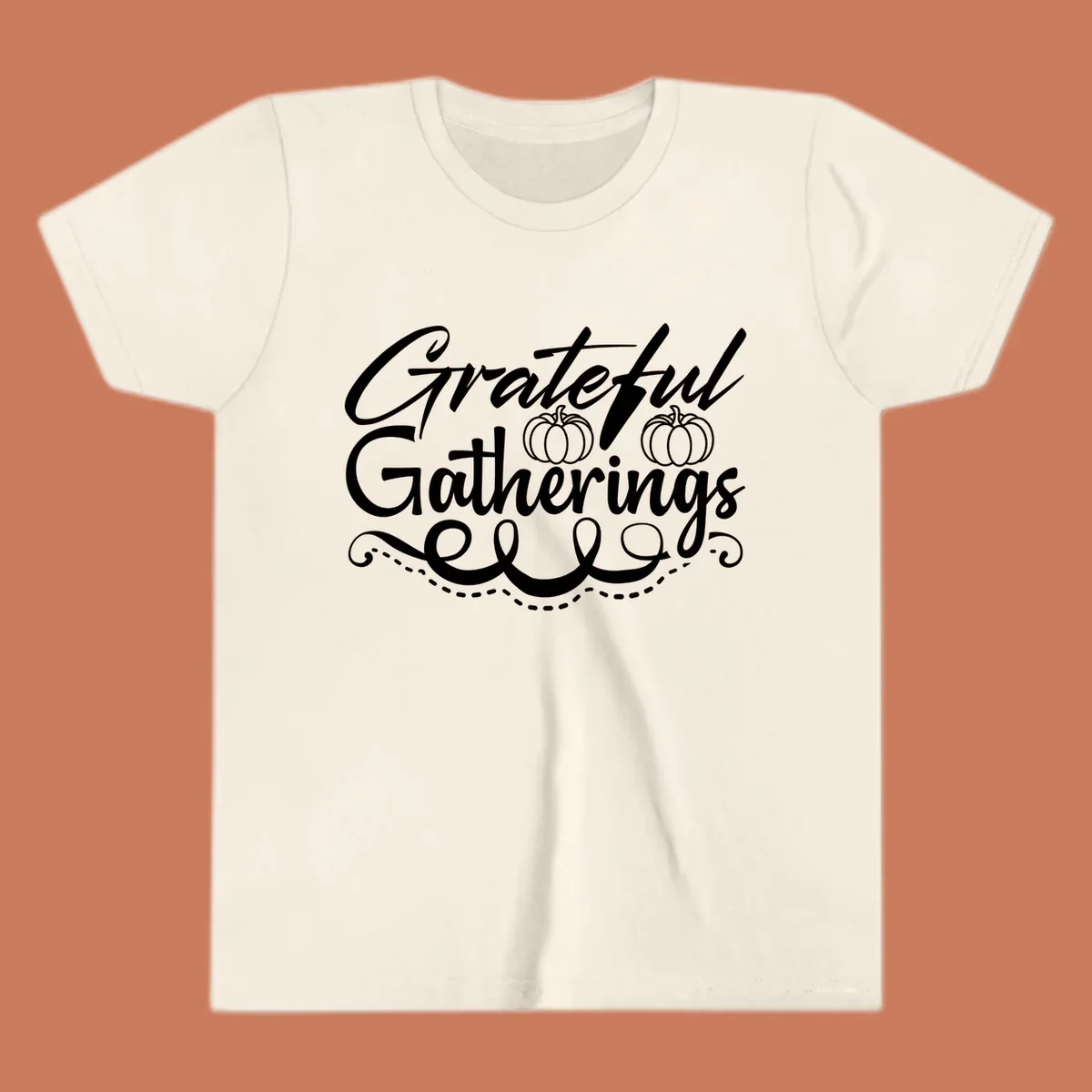 Grateful Gatherings text with pumpkins, fall graphic for t-shirts