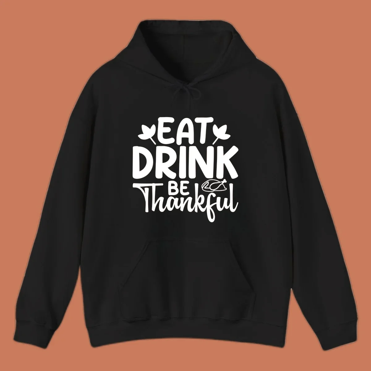 Eat Drink Be Thankful text with autumn leaves and a roasted chicken graphic.