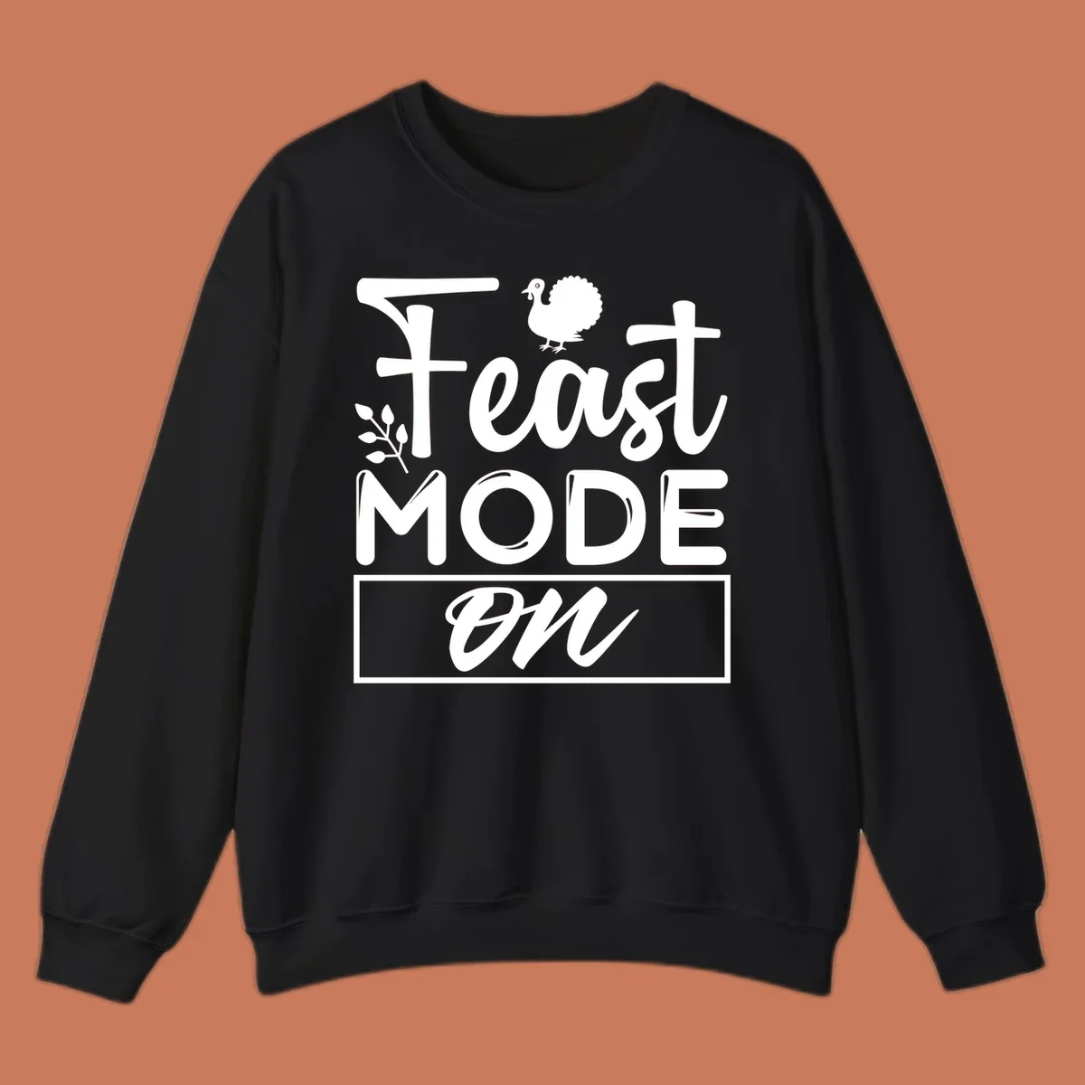Feast Mode On text with a turkey illustration, Thanksgiving graphic tee design.