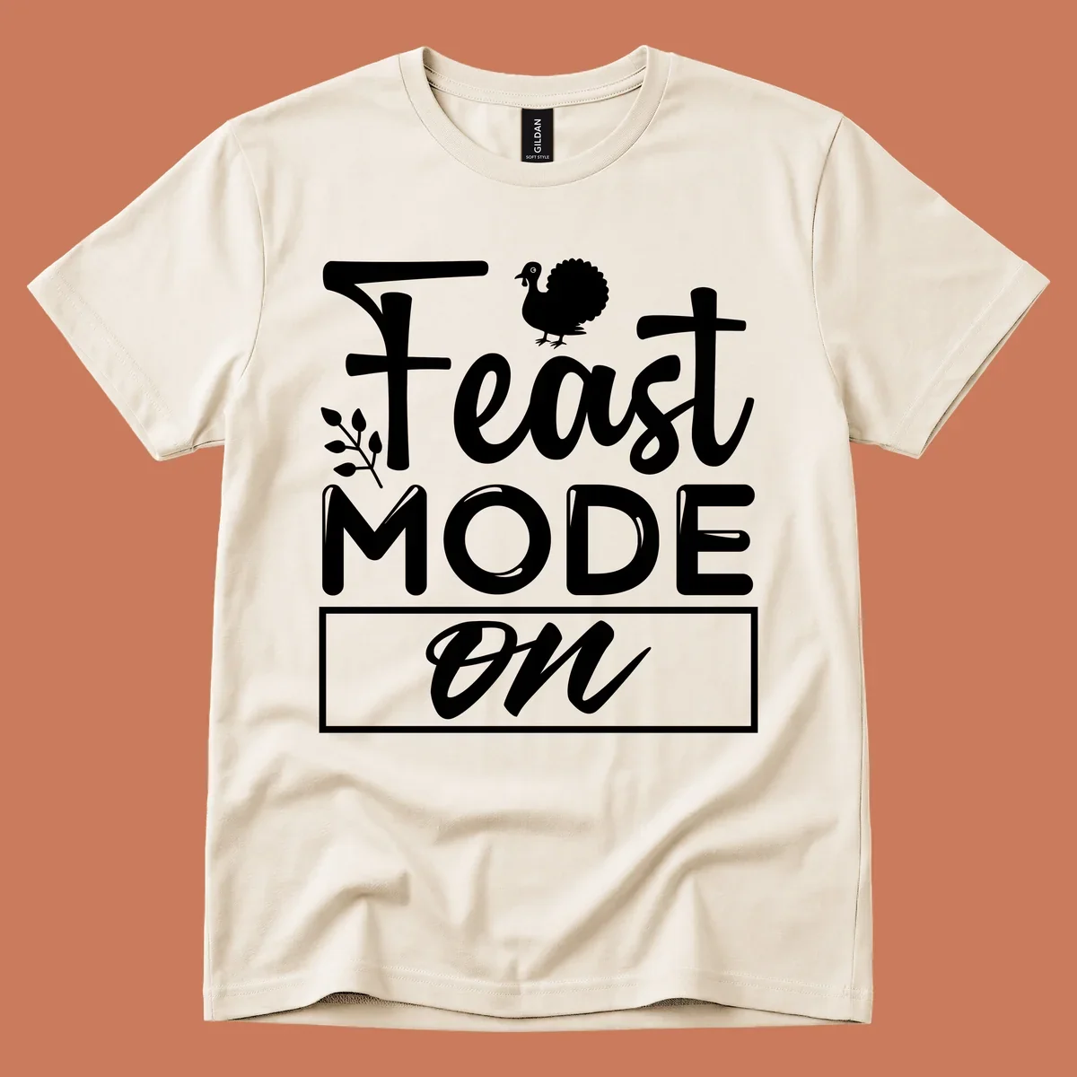 Feast Mode On text with a turkey illustration, Thanksgiving graphic tee design.