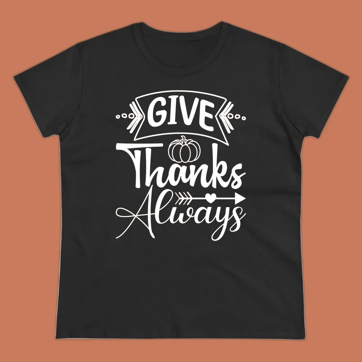 Give Thanks Always typography with pumpkin and heart graphic