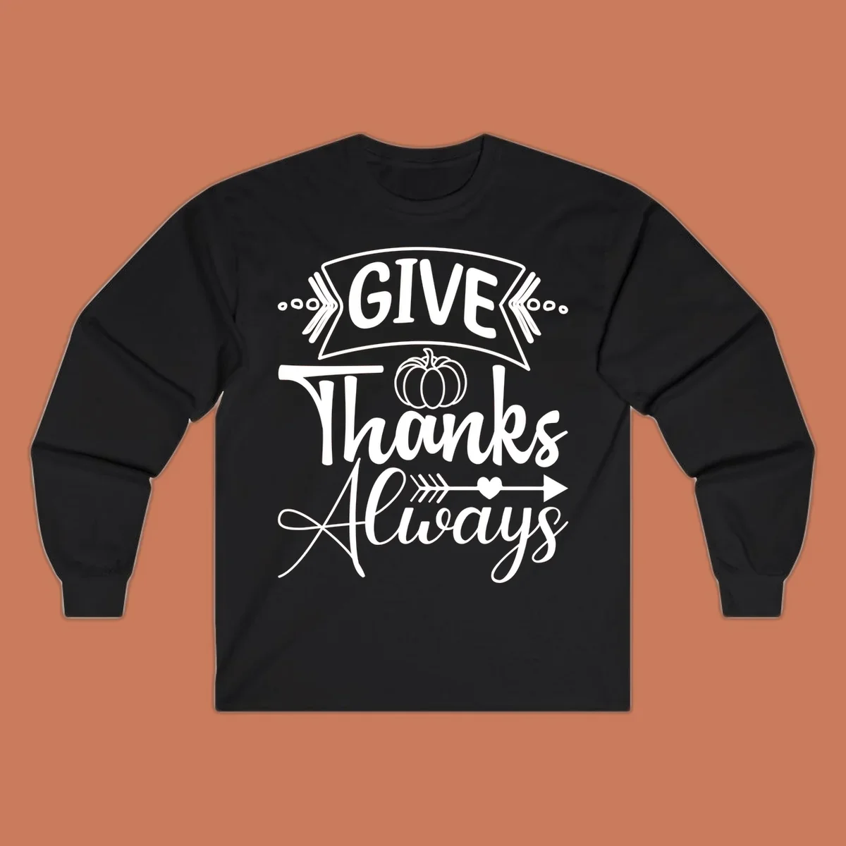 Give Thanks Always typography with pumpkin and heart graphic