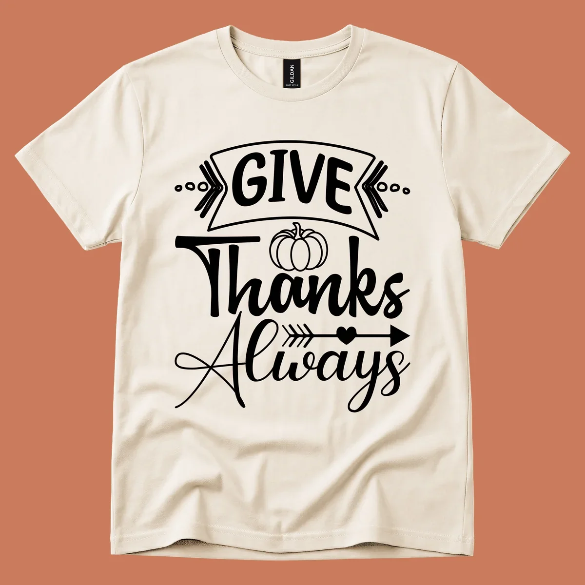 Give Thanks Always typography with pumpkin and heart graphic