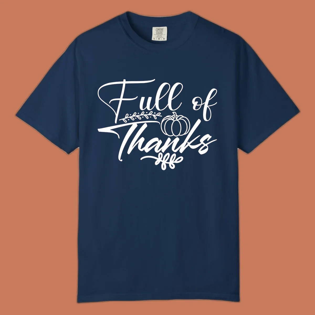 Elegant white script typography 'Full of Thanks' with pumpkin and leaf vine graphic for gratitude themes.