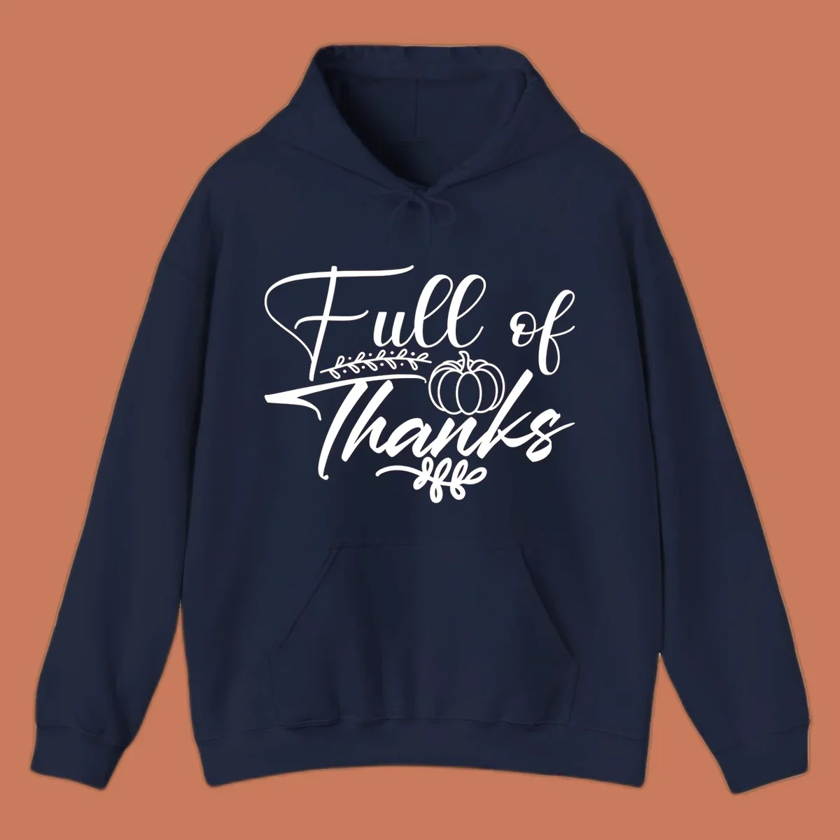 Elegant white script typography 'Full of Thanks' with pumpkin and leaf vine graphic for gratitude themes.