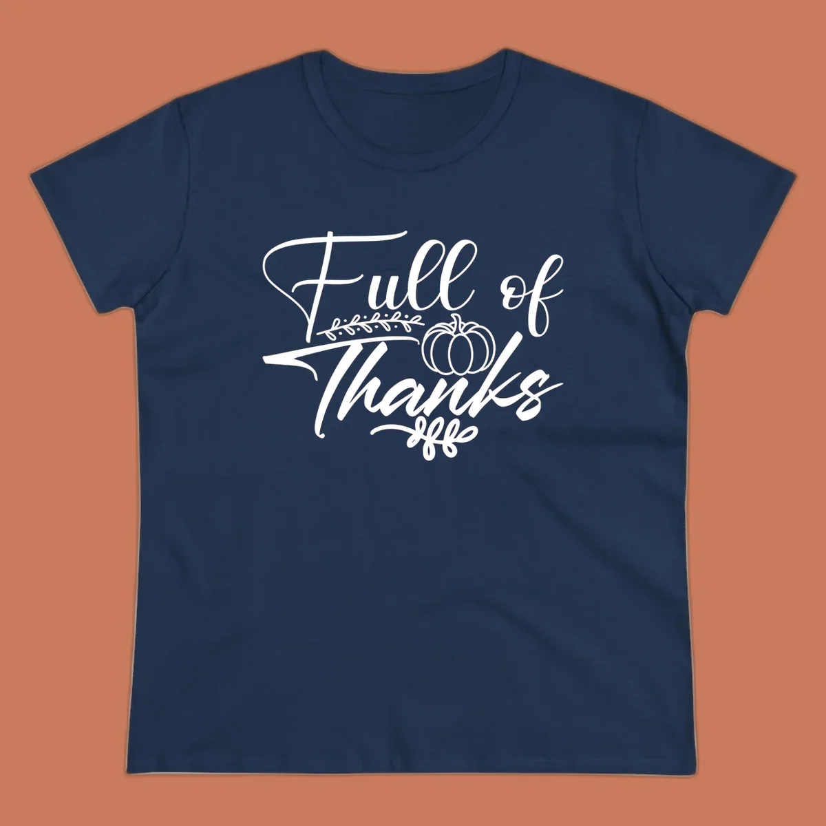 Elegant white script typography 'Full of Thanks' with pumpkin and leaf vine graphic for gratitude themes.