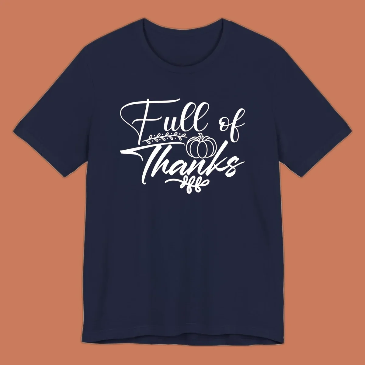 Elegant white script typography 'Full of Thanks' with pumpkin and leaf vine graphic for gratitude themes.