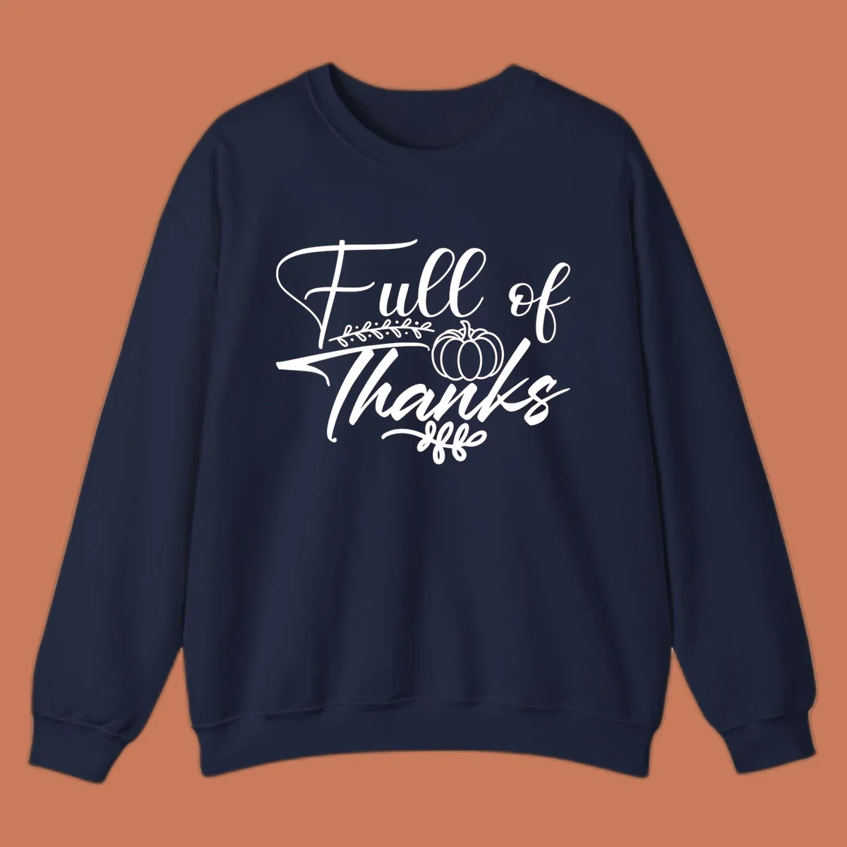 Elegant white script typography 'Full of Thanks' with pumpkin and leaf vine graphic for gratitude themes.
