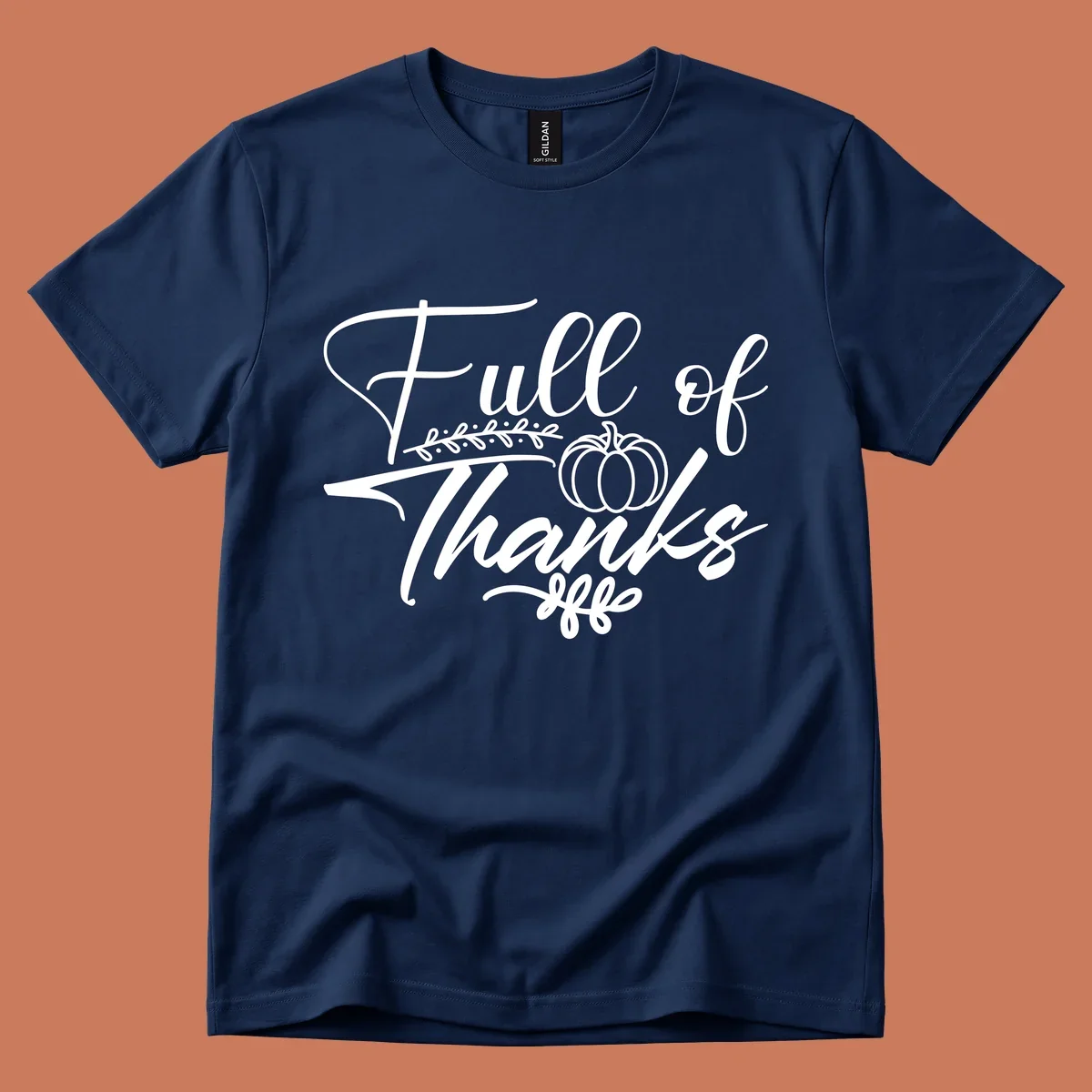 Elegant white script typography 'Full of Thanks' with pumpkin and leaf vine graphic for gratitude themes.