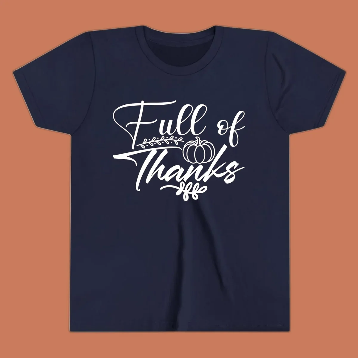 Elegant white script typography 'Full of Thanks' with pumpkin and leaf vine graphic for gratitude themes.