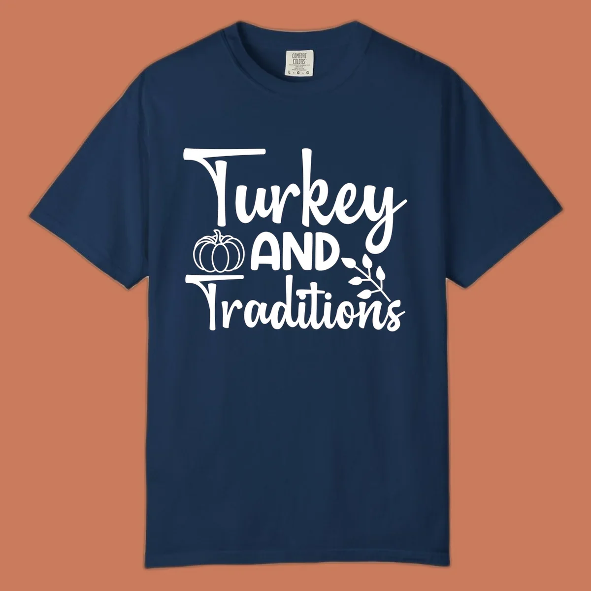 Thanksgiving traditions text and illustrations with pumpkin and leaves.