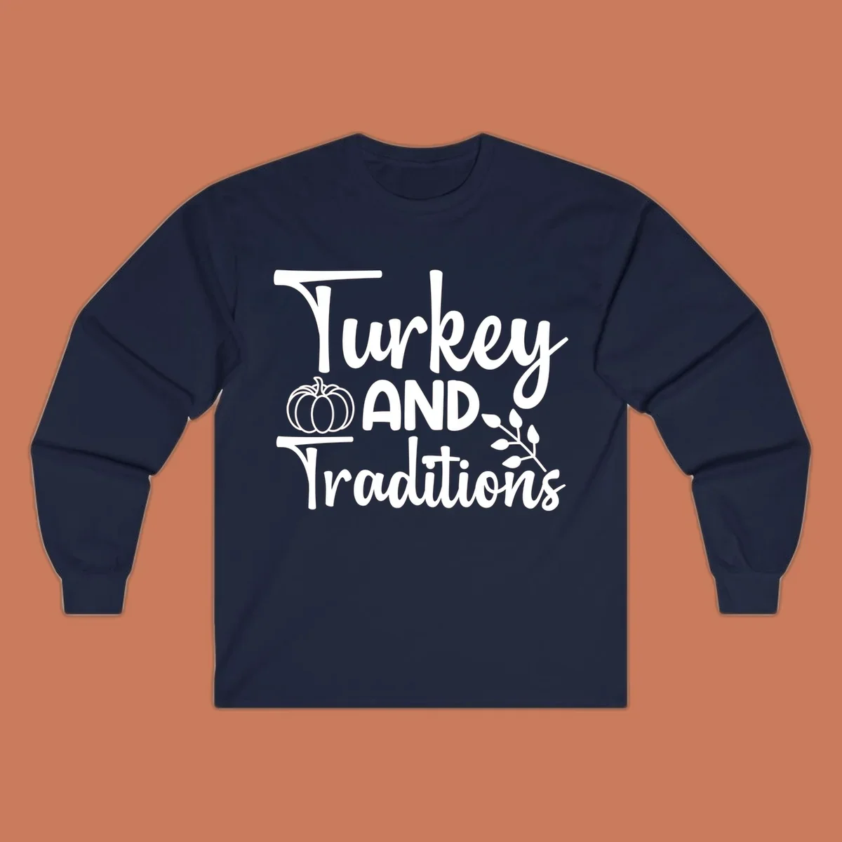Thanksgiving traditions text and illustrations with pumpkin and leaves.