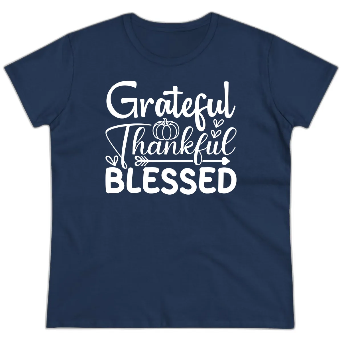 Grateful Thankful Blessed Typography Ladies Tee in Navy