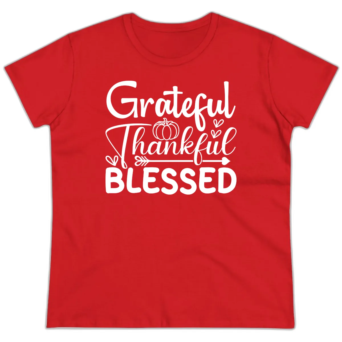 Grateful Thankful Blessed Typography Ladies Tee in Red