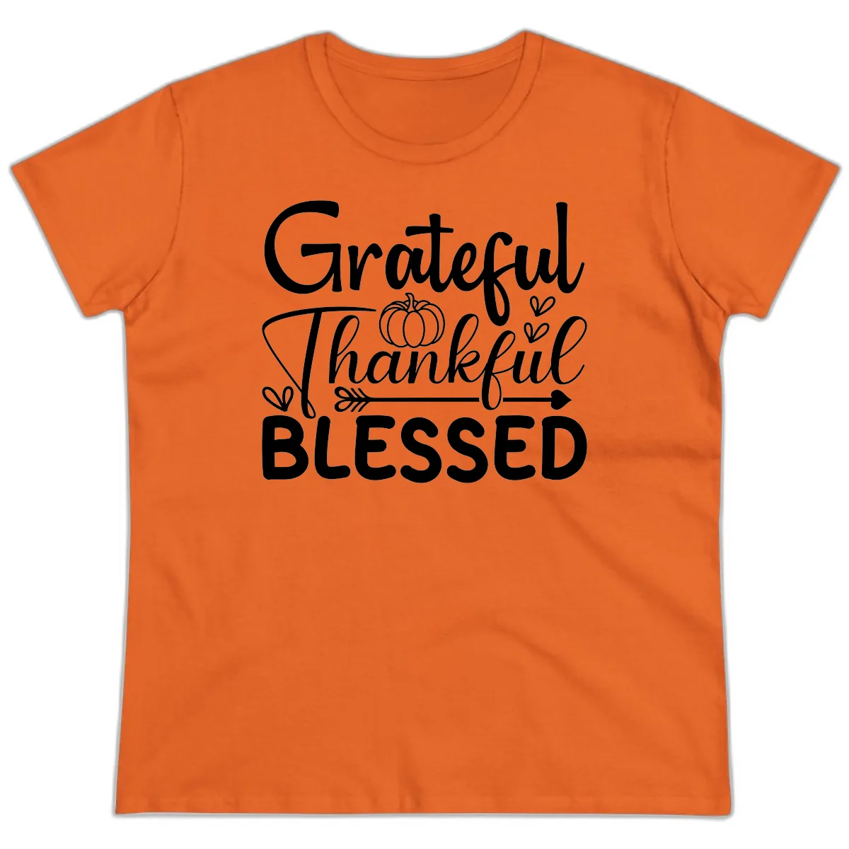 Grateful Thankful Blessed Typography Ladies Tee in Orange