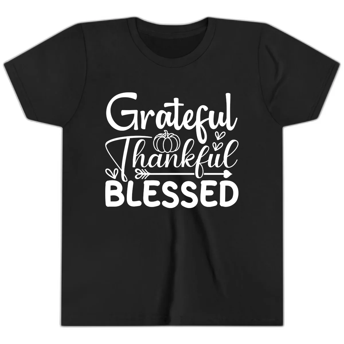 Grateful Thankful Blessed Typography Youth T-Shirt in Black