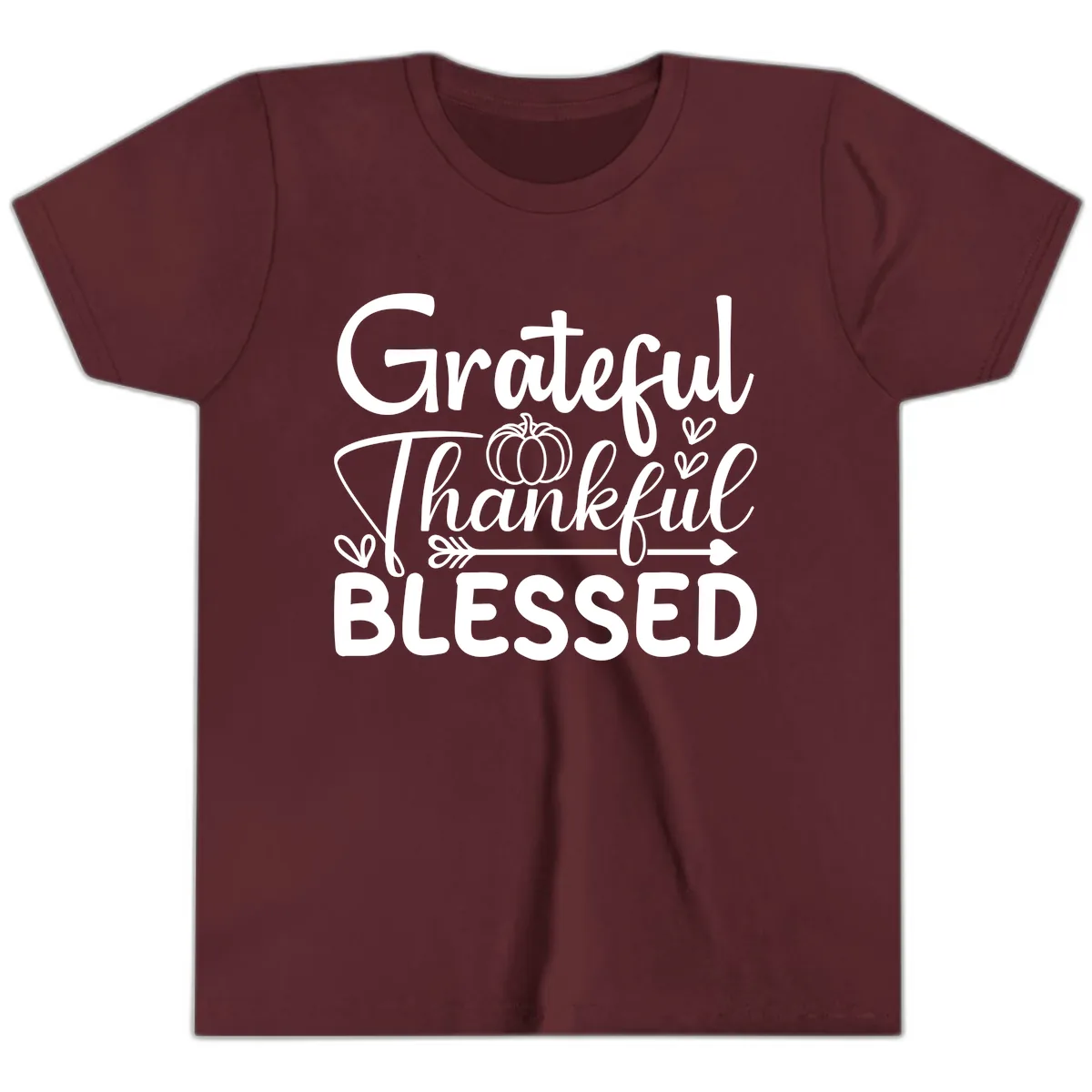 Grateful Thankful Blessed Typography Youth T-Shirt in Maroon