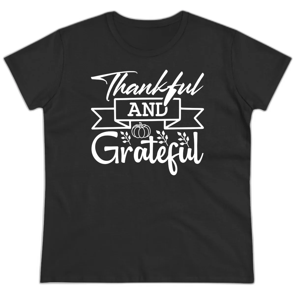Thankful and Grateful Autumn Design Ladies Tee in Black