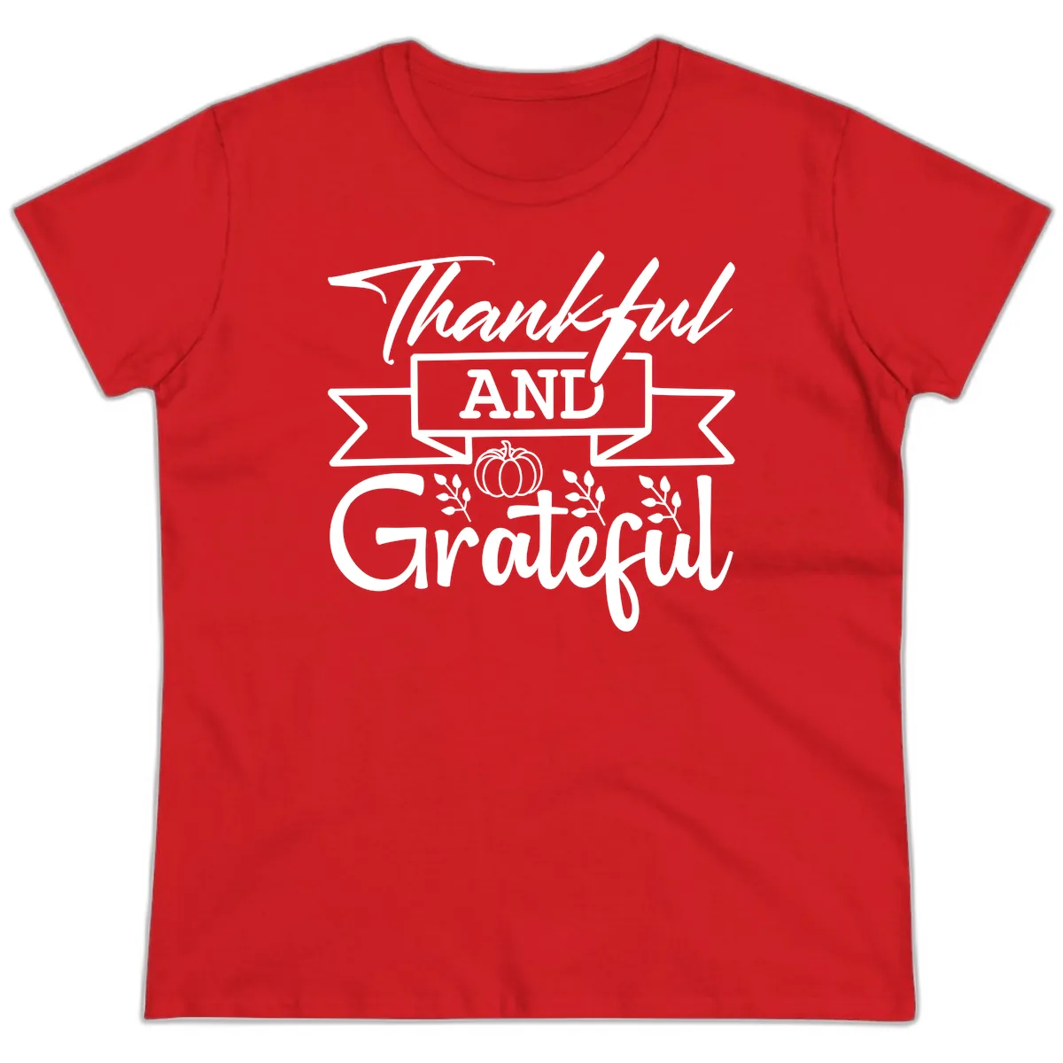 Thankful and Grateful Autumn Design Ladies Tee in Red