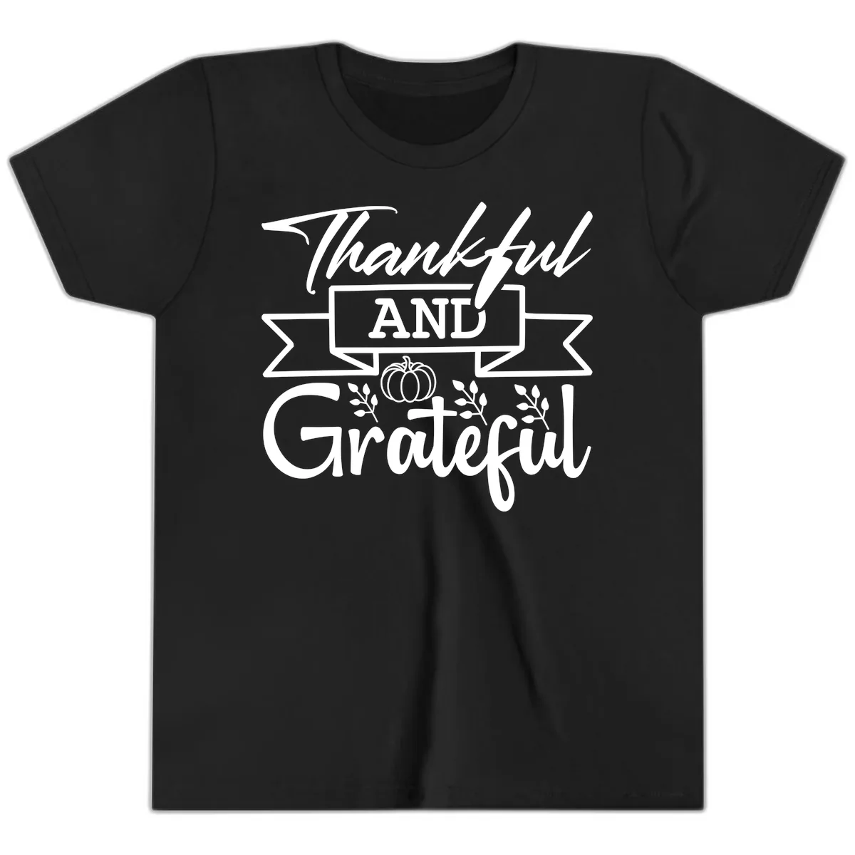 Thankful and Grateful Autumn Design Youth T-Shirt in Black