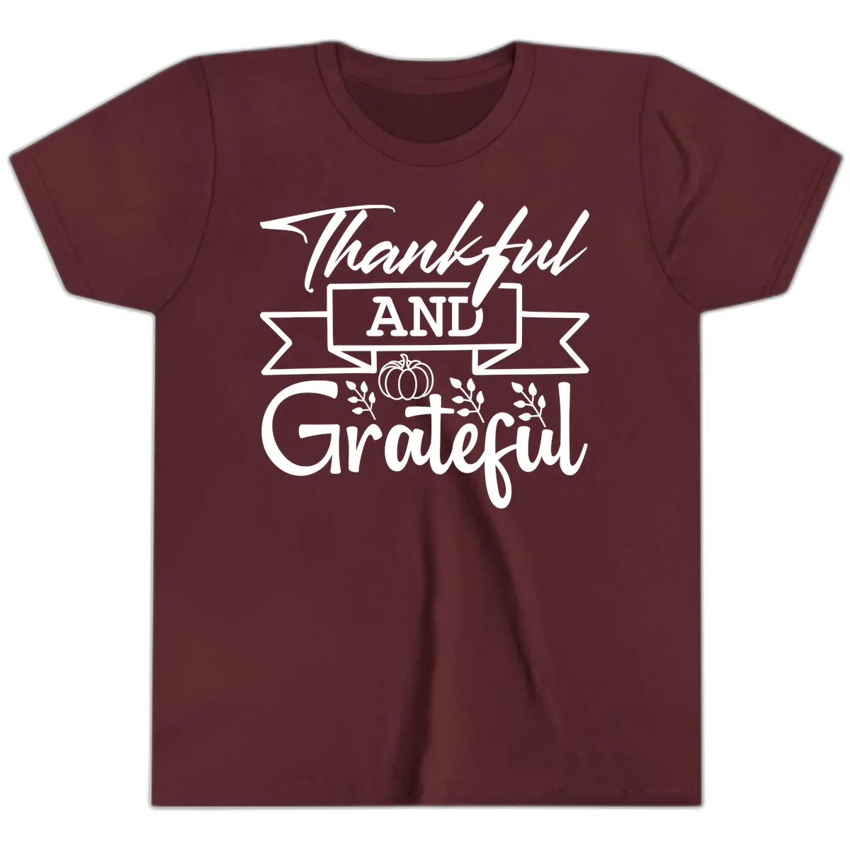 Thankful and Grateful Autumn Design Youth T-Shirt in Maroon