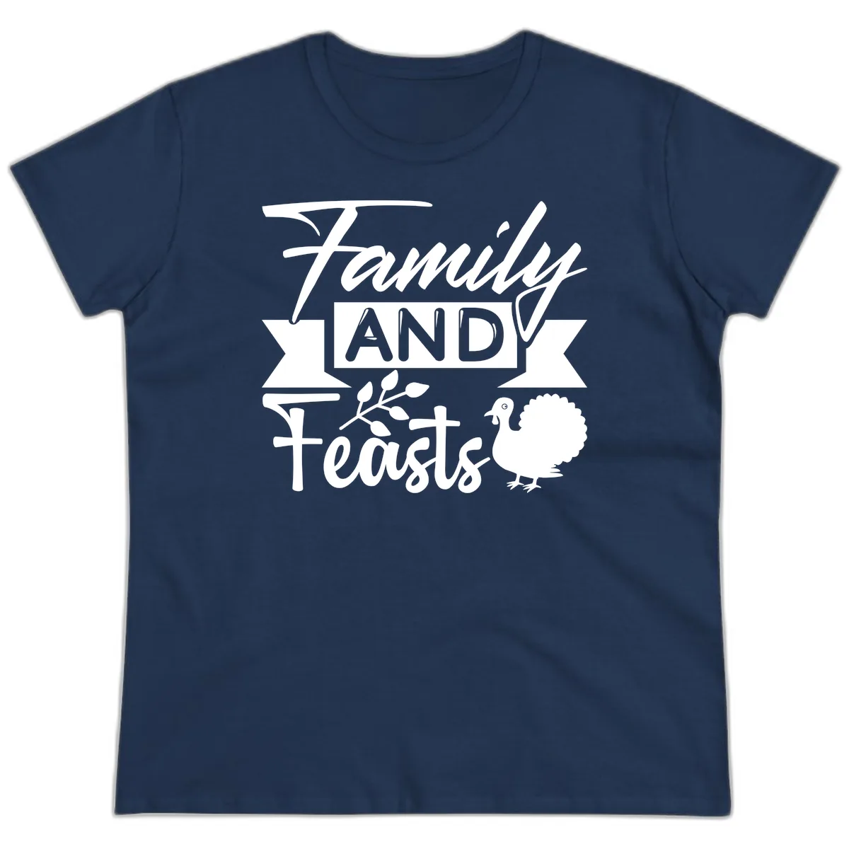 Family And Feasts Thanksgiving Design Ladies Tee in Navy