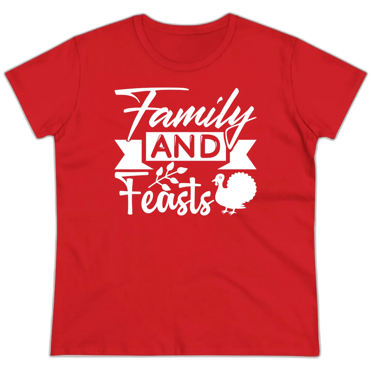 Family And Feasts Thanksgiving Design Ladies Tee in Red