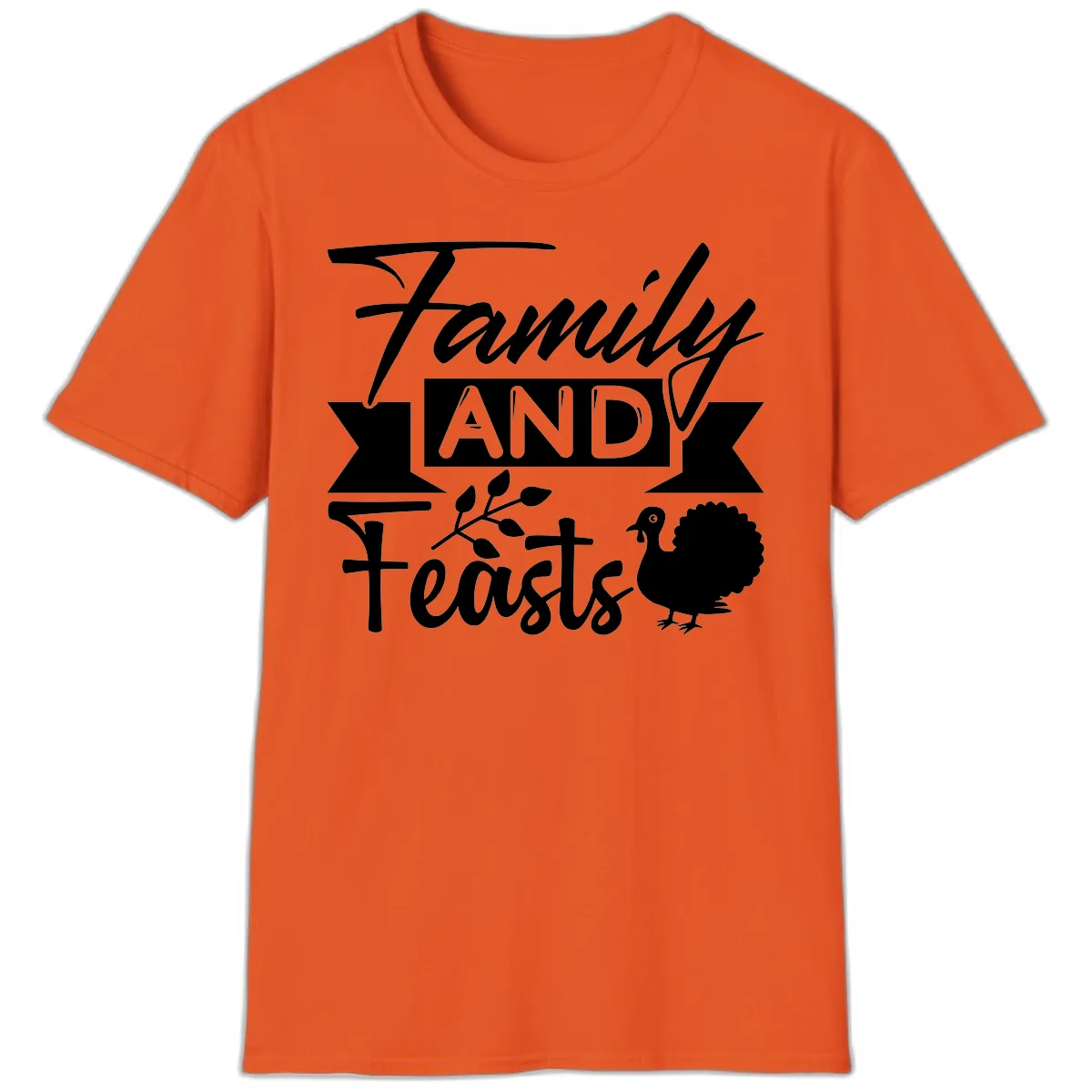 Family And Feasts Thanksgiving Design T-Shirt in Orange
