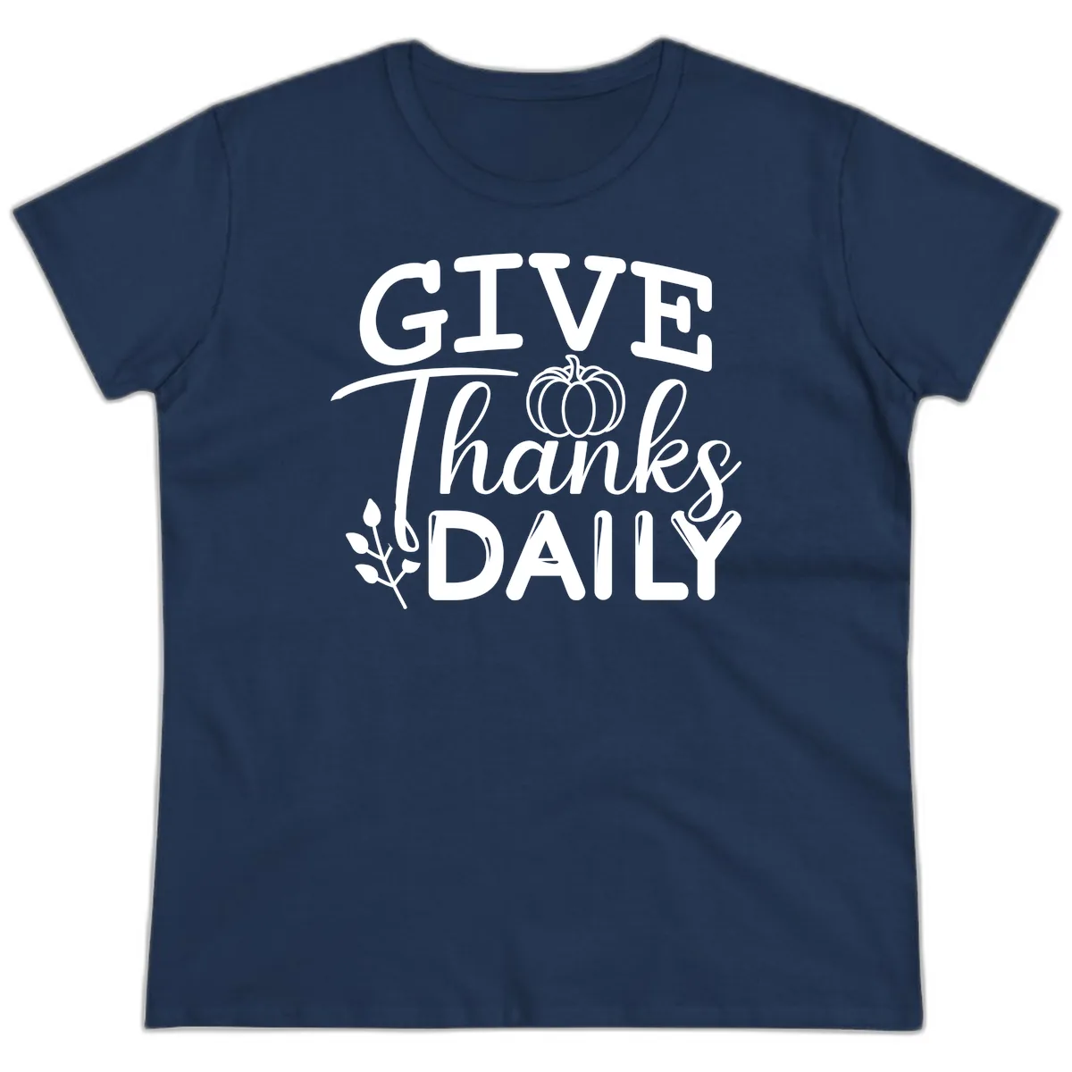 Give Thanks Daily Pumpkin Design Ladies Tee in Navy
