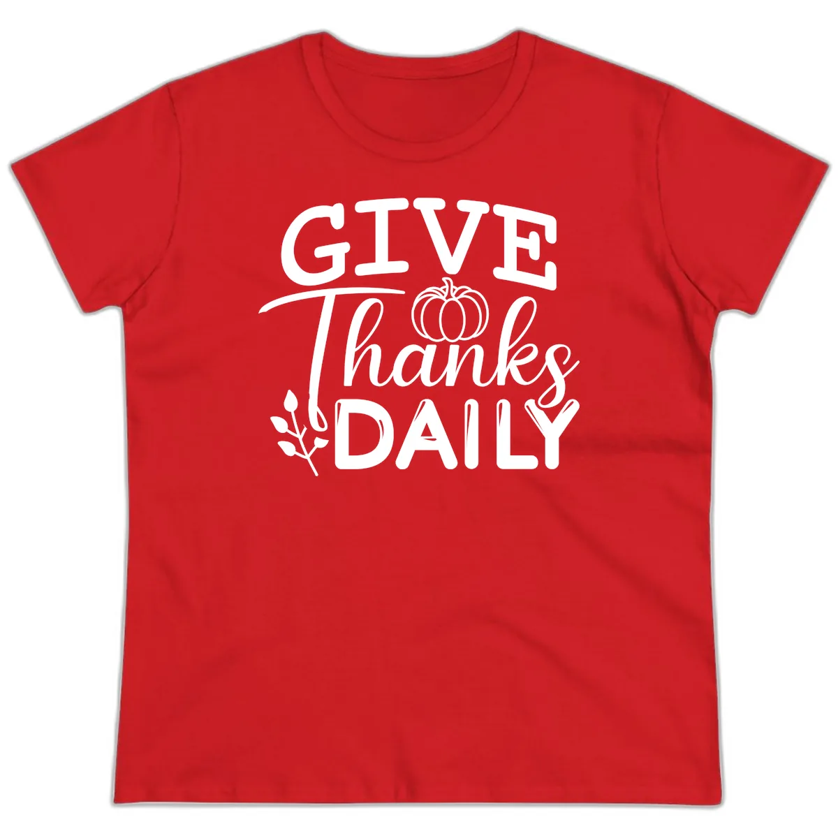 Give Thanks Daily Pumpkin Design Ladies Tee in Red