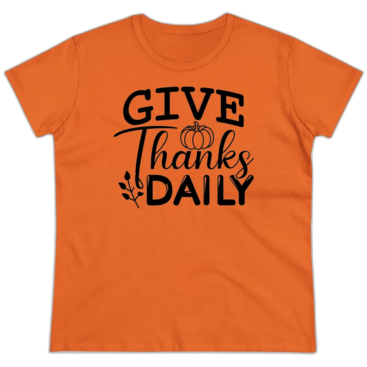 Give Thanks Daily Pumpkin Design Ladies Tee in Orange