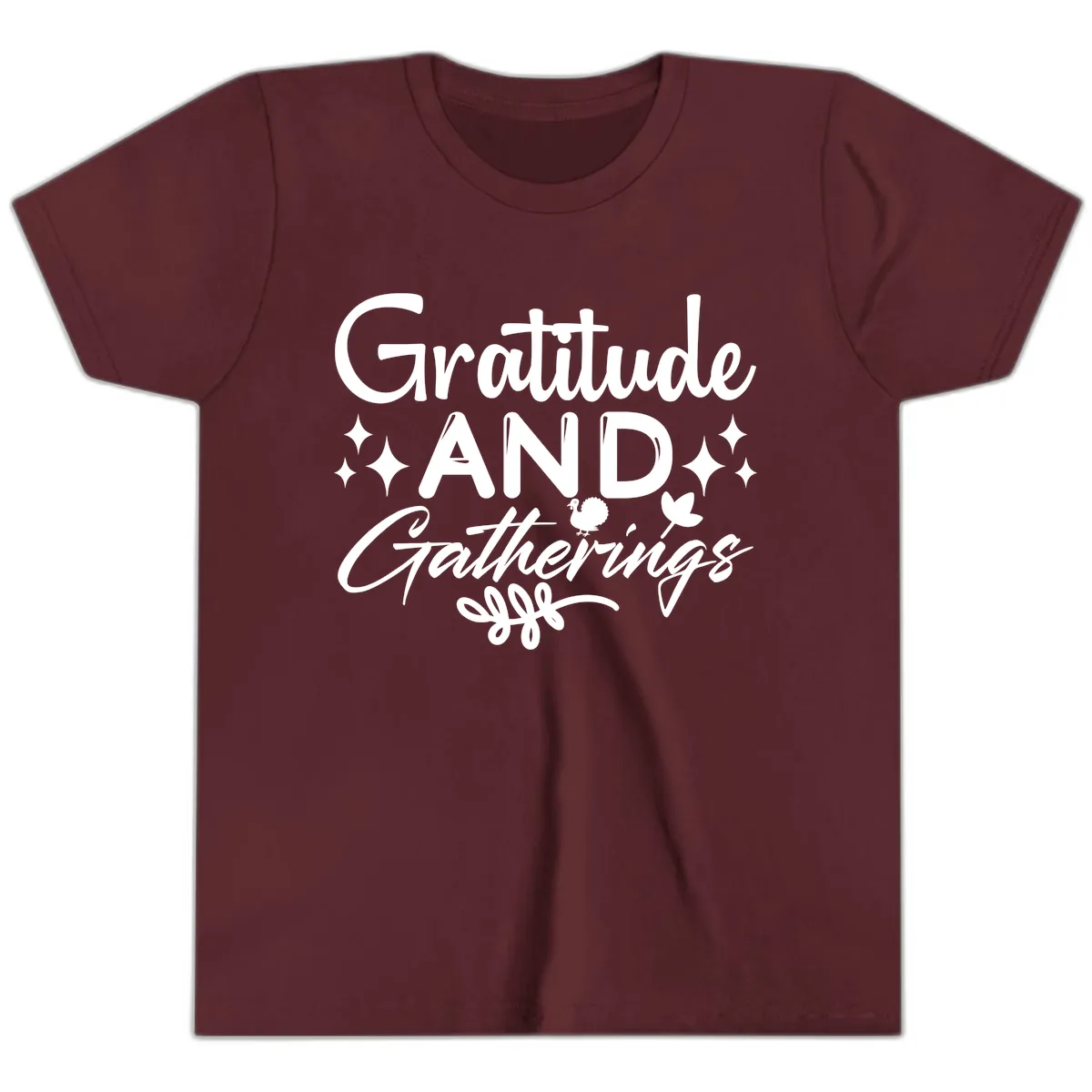 Gratitude And Gatherings Design Youth T-Shirt in Maroon