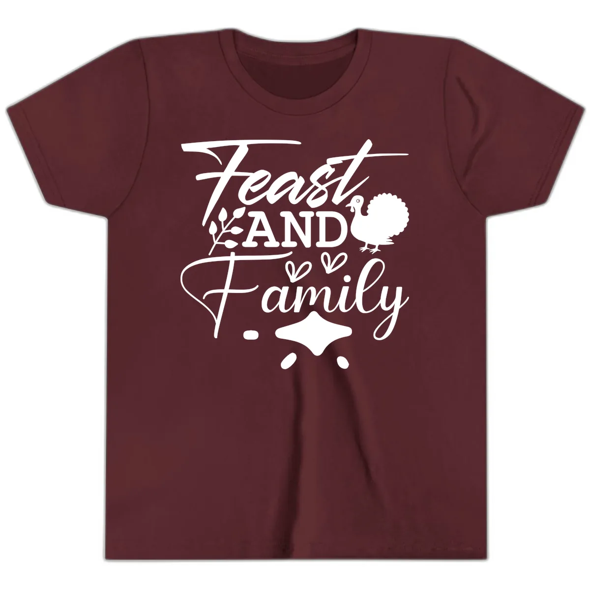 Feast And Family Thanksgiving Sentiment Youth T-Shirt in Maroon