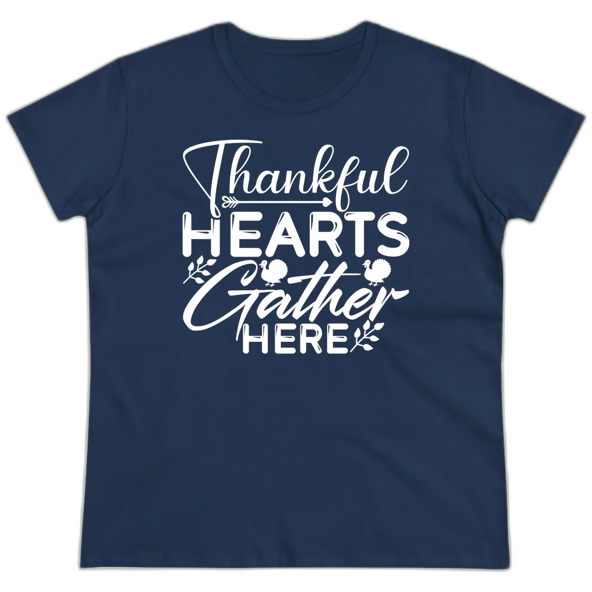 Thankful Hearts Gather Here Ladies Tee in Navy