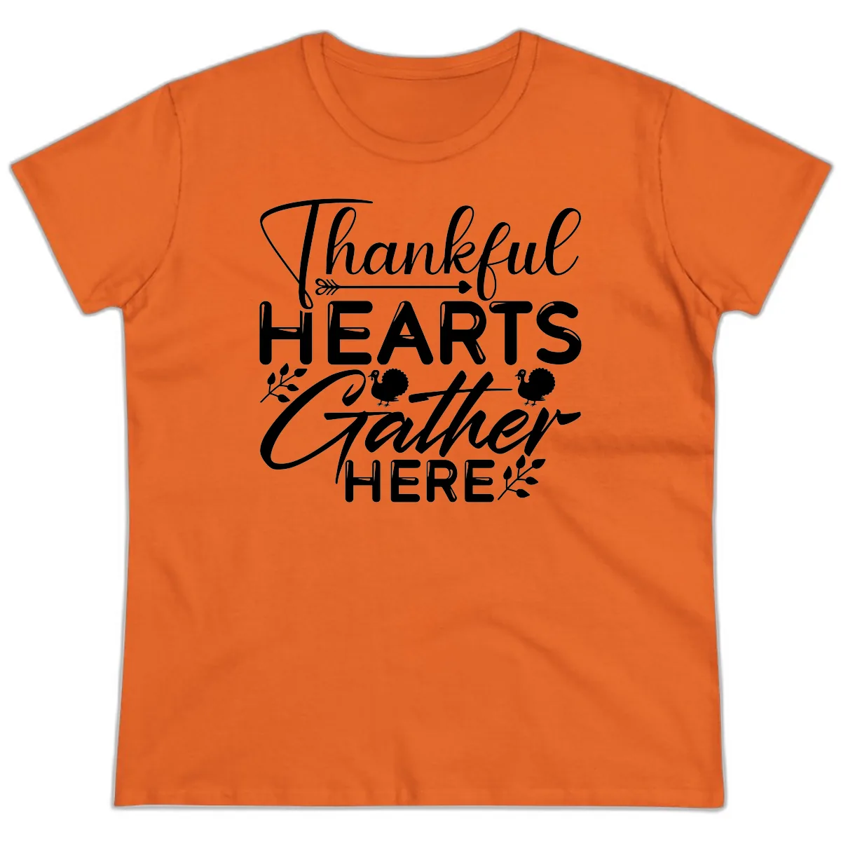 Thankful Hearts Gather Here Ladies Tee in Orange