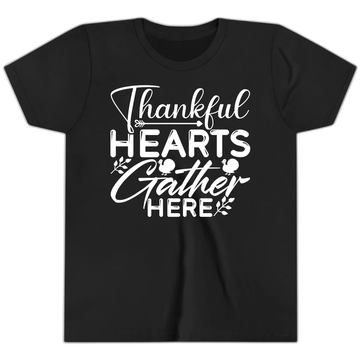 Thankful Hearts Gather Here Youth T-Shirt in Black