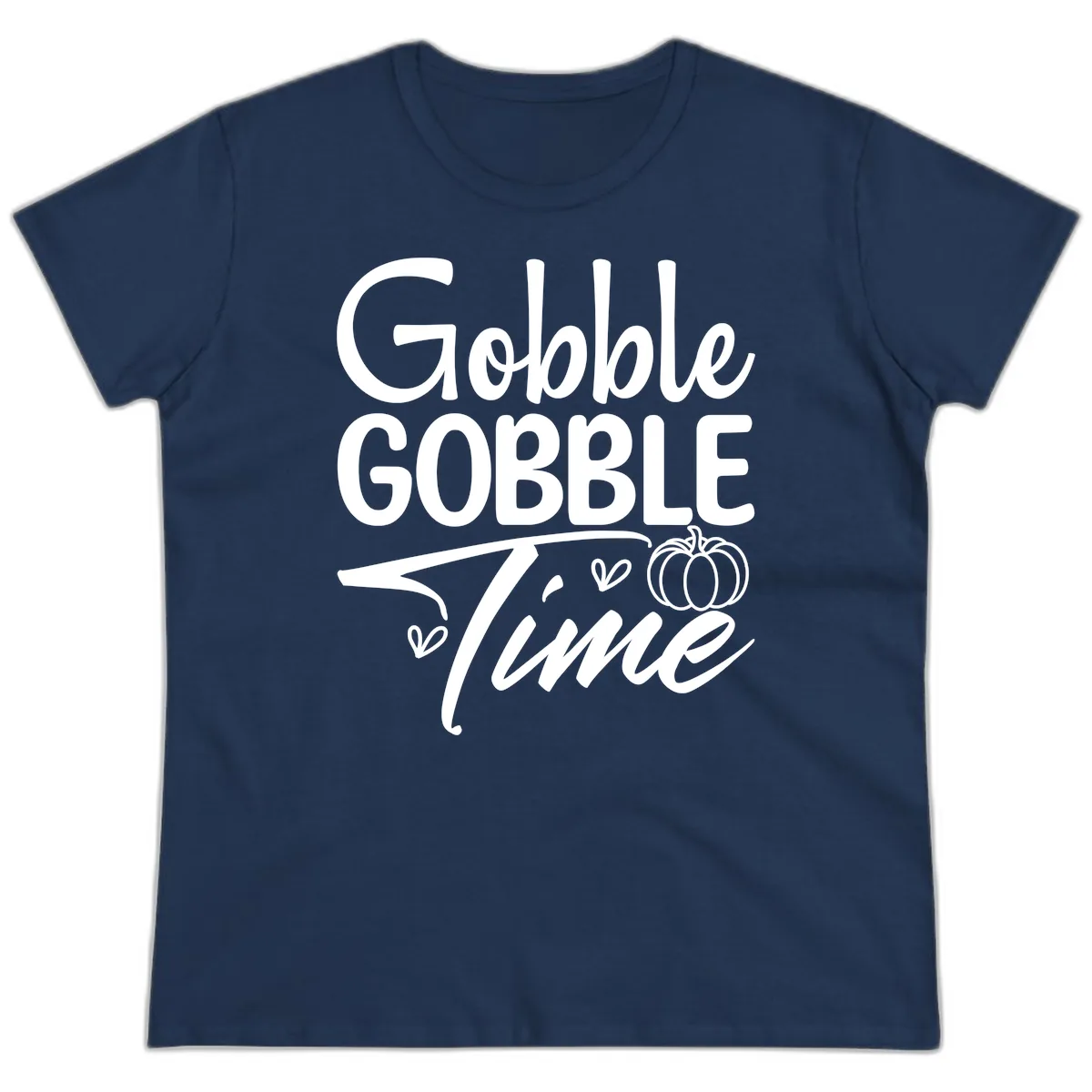 Gobble Gobble Time Typography Ladies Tee in Navy