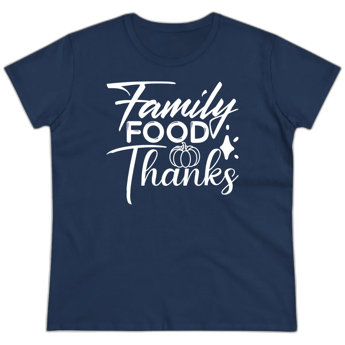 Family Food Thanks Typography Design Ladies Tee in Navy