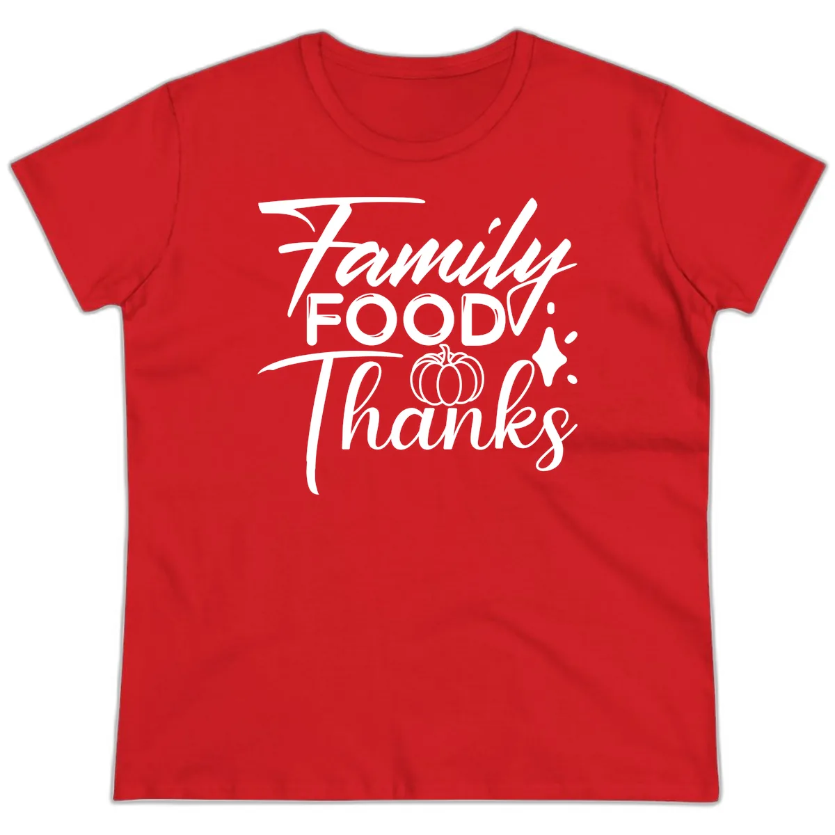 Family Food Thanks Typography Design Ladies Tee in Red
