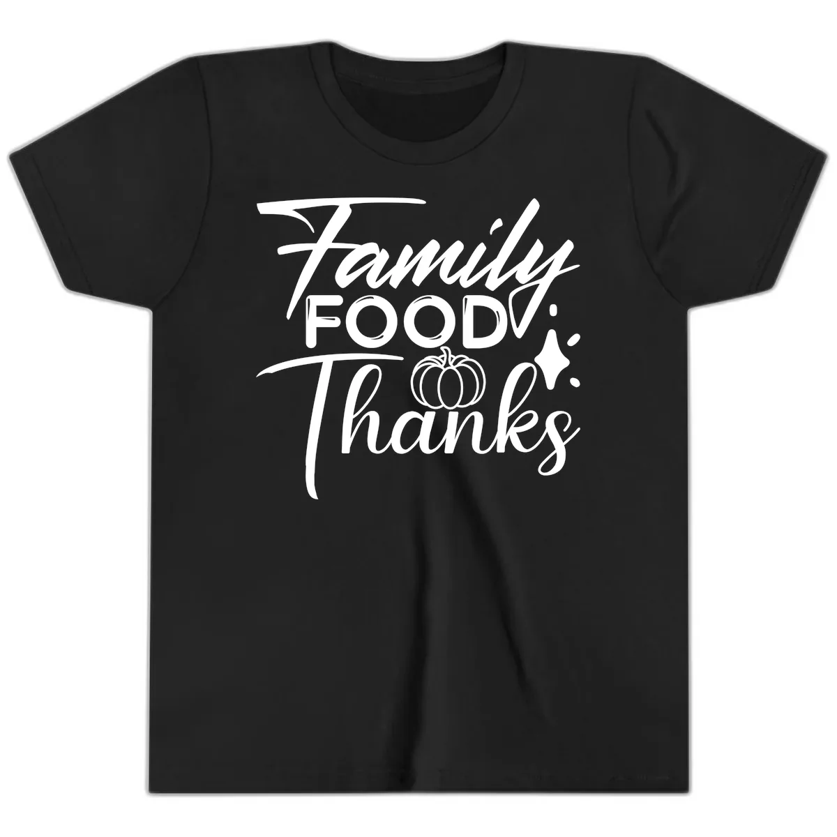 Family Food Thanks Typography Design Youth T-Shirt in Black