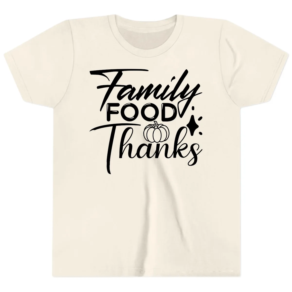 Family Food Thanks Typography Design Youth T-Shirt in Natural