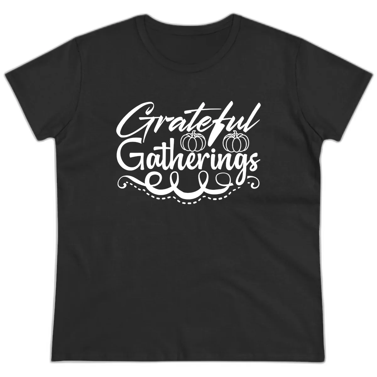 Grateful Gatherings With Pumpkins Ladies Tee in Black